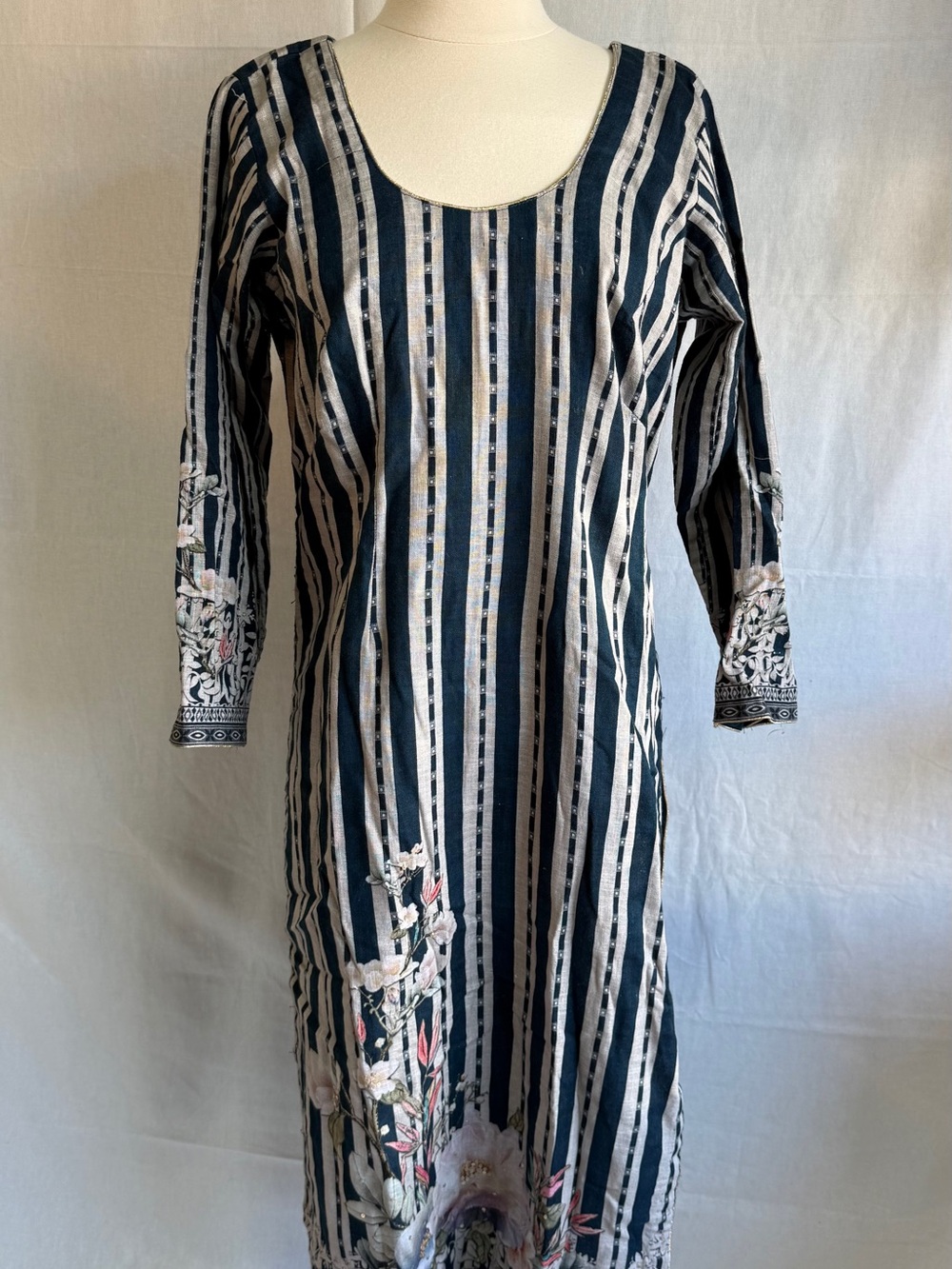 Striped Black & Cream Midi Dress with Floral Accents and side slip
